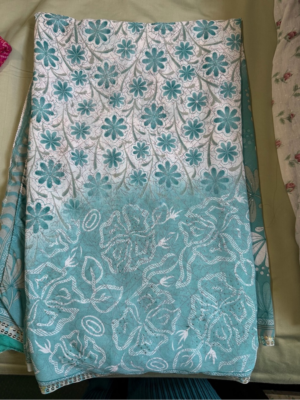 Turquoise Floral Embroidered Saree